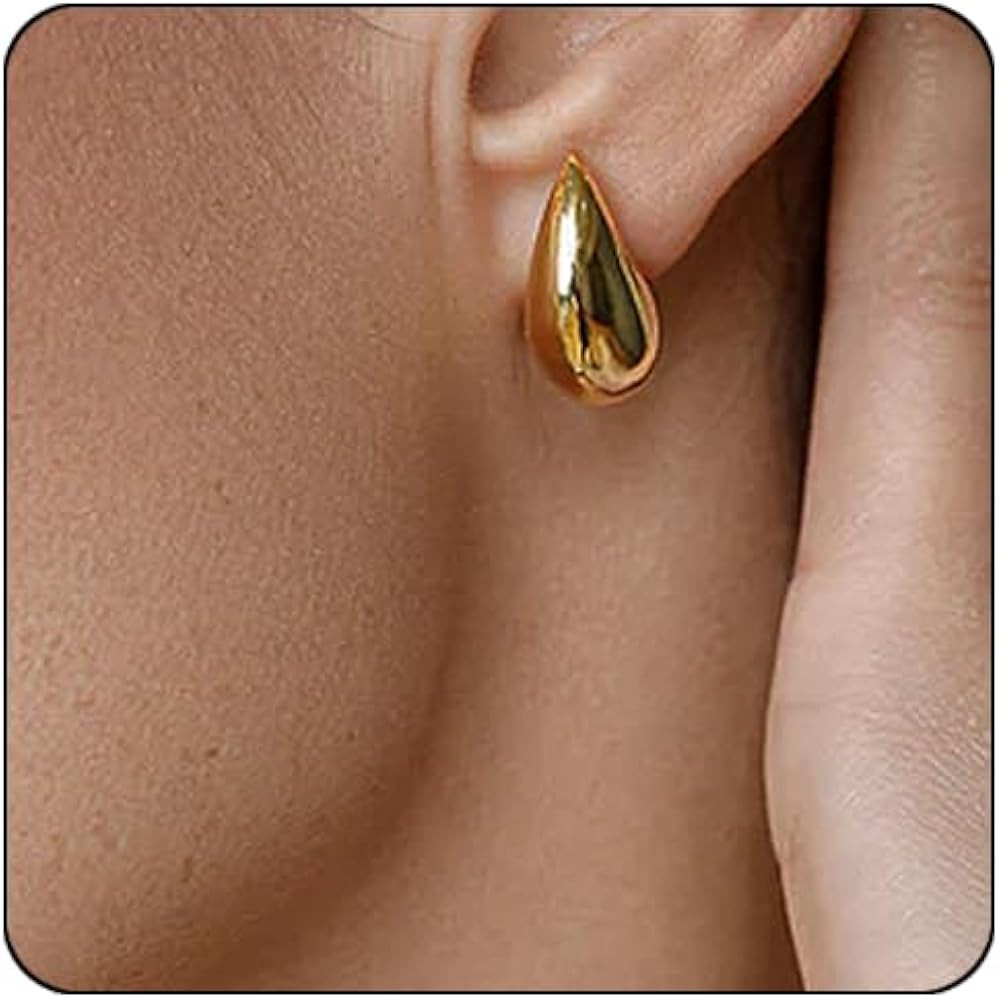 Small Teardrop Gold Chunky Earrings for Women,Thick Gold Plated Hoop Hypoallergenic Water Drop Ea... | Amazon (US)