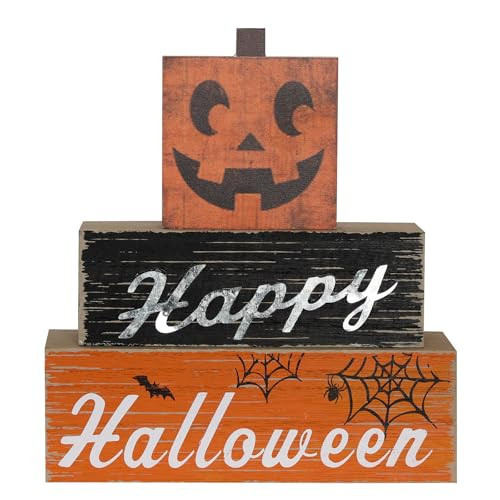DECSPAS Halloween Decorations Indoor, Decorative Wood Block Scary Pumpkin Sign with Happy HALLOWEEN Lettered for Halloween Decor, 3-Layered Wooden Tabletop Decor for Home, Table, Tiered Tray, Mantel | Amazon (US)