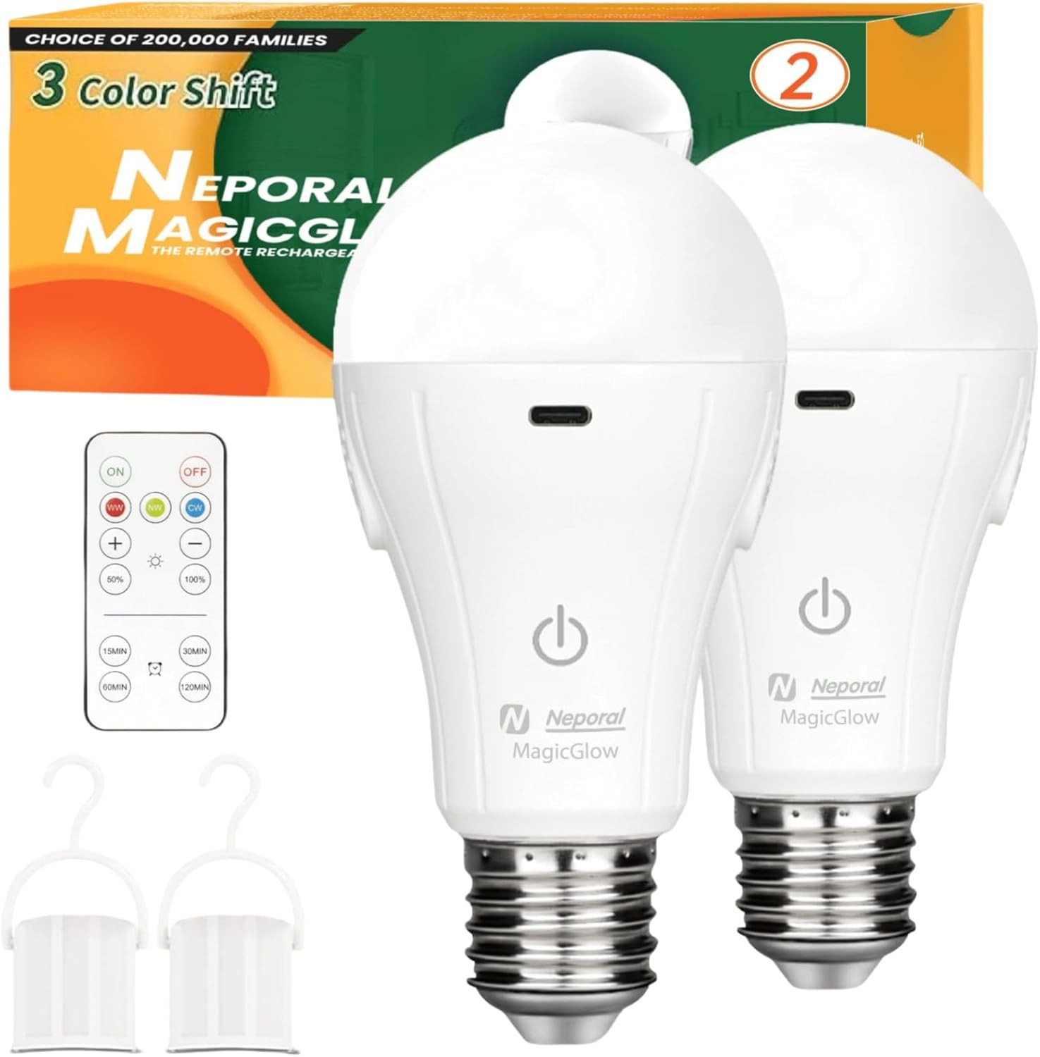 Neporal MagicGlow Rechargeable Light Bulbs with Remote, 3 Colors Shift + Dimmable Battery Powered Light Bulbs, USB Rechargeable, A19 Standard Emergency LED Light Bulbs, 15W | Amazon (US)