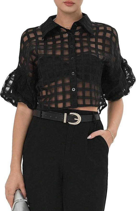 GORGLITTER Women's Mesh Button Down Shirt Top Puff Short Sleeve Collared Crop Blouse | Amazon (US)