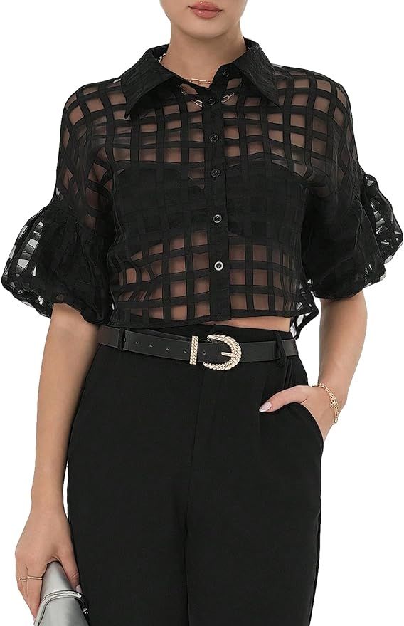 GORGLITTER Women's Mesh Button Down Shirt Top Puff Short Sleeve Collared Crop Blouse | Amazon (US)