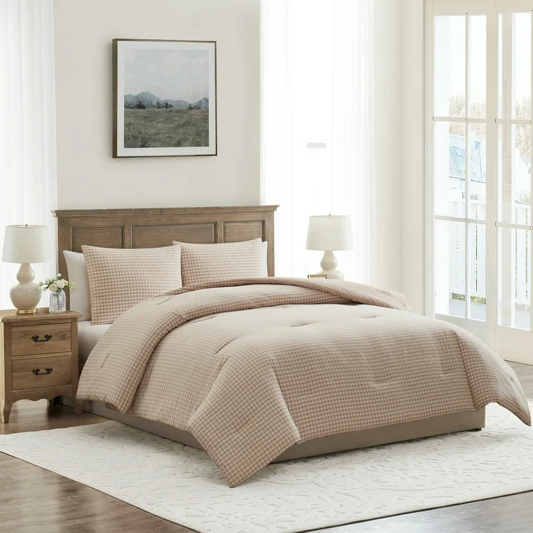 My Texas House Collins 3-Piece Taupe Gingham Cotton Comforter Set, King | Walmart (US)
