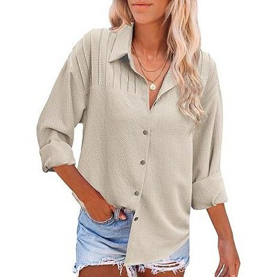 Zeagoo Womens Long Sleeve Button Down Shirts Oversized Collared Drop Shoulder Work Tops Textured Loose Blouse-Clear Blue-L | Target