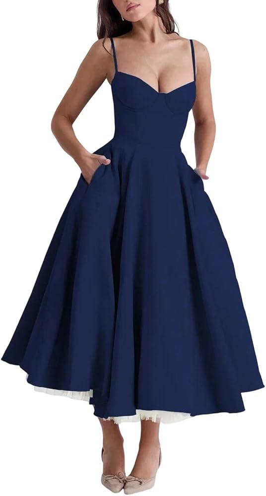 Women Spaghetti Strap Backless A-Line Midi Dress Elegant Sexy for Vacation Party Summer | Amazon (US)