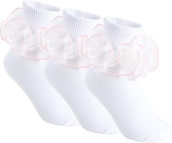 3 Pairs Girls Ruffle Socks Big Double Lace Frilly Trim Dress Socks | Amazon (US)