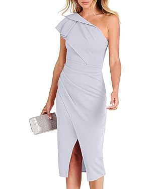 ANRABESS Women's One Shoulder Cocktail Midi Dress Sleeveless Ruffle Wrap Ruched Bodycon Formal We... | Amazon (US)