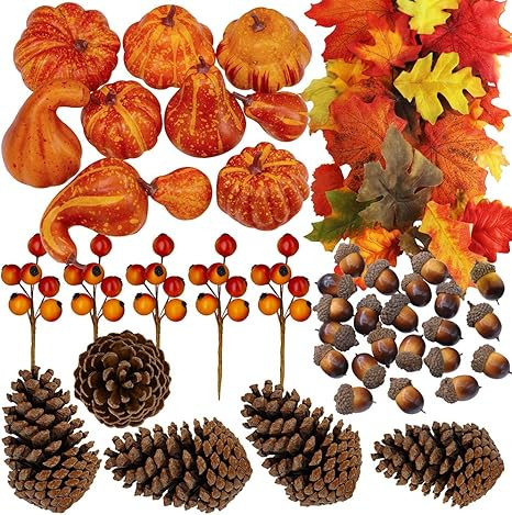 110 Pcs Artificial Autumn Gourds, Mini Pumpkins, Pine Cones, Leaves, Acorns and Berries Fall Deco... | Amazon (US)