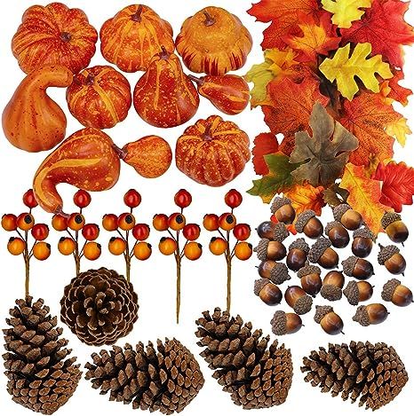 110 Pcs Artificial Autumn Gourds, Mini Pumpkins, Pine Cones, Leaves, Acorns and Berries Fall Deco... | Amazon (US)