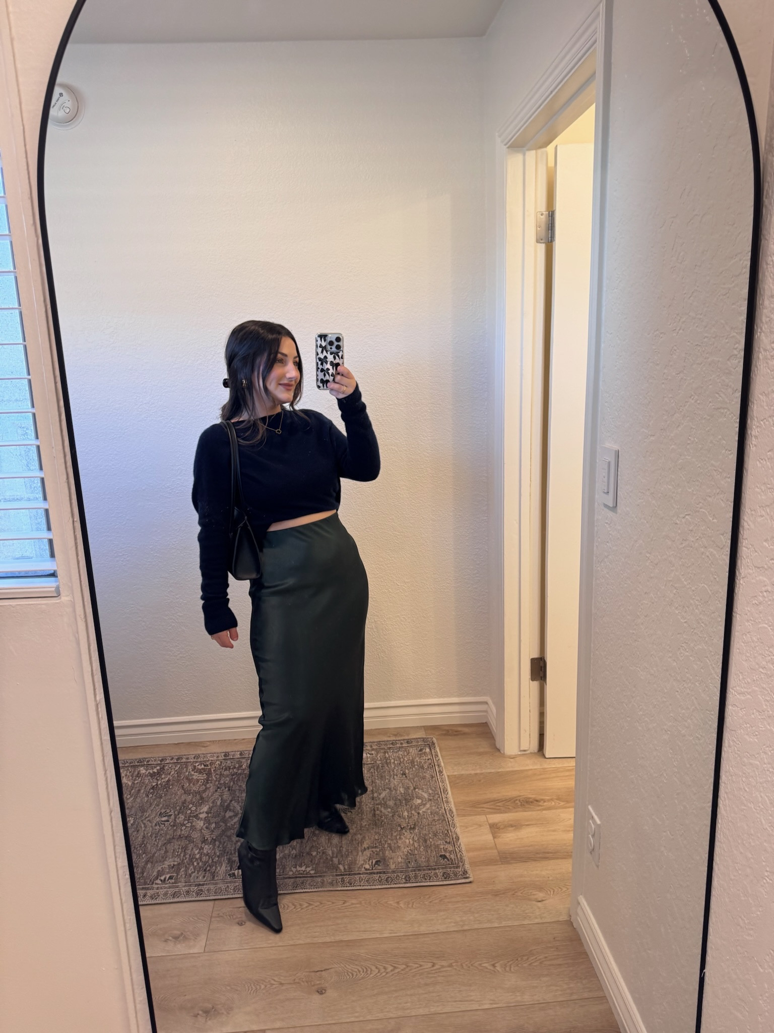 The perfect trio: washable silk, soft Mongolian cashmere, and a structured Italian leather shoulder bag. Wearing small in the skirt + XS in the sweater. (Both run TTS) 

#LTKootd #LTKPetite #LTKFindsUnder100