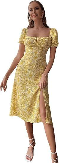 Floerns Women's Ditsy Floral Sweetheart Puff Sleeve A Line Midi Dress | Amazon (US)