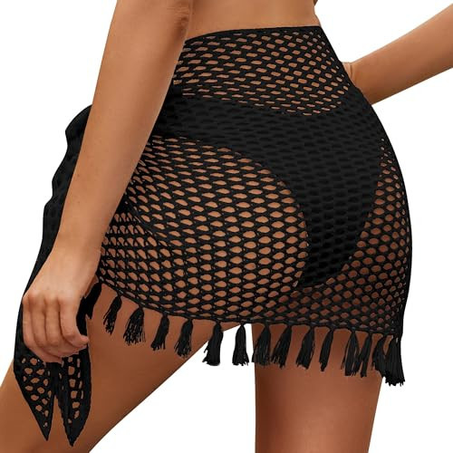FEOYA Women Bathing Cover Up Crochet Skirt Tassel Knit Hollow Out Beach Skirt Sheer Bikini Coverup Skirt Swimsuit Cover Up Wrap Skirt Black US Size S | Amazon (US)