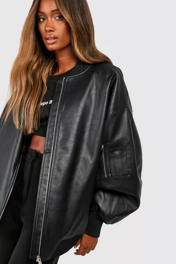 Oversized Faux Leather Bomber Jacket | boohoo (US & Canada)