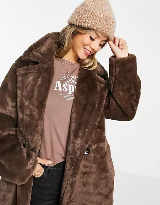 Pull&Bear faux fur extra long collared coat in brown | ASOS | ASOS (Global)