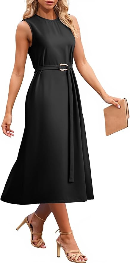 Dokotoo Womens Summer Dresses 2026 Sleeveless Crewneck Gold Buckle Tie Belt Back Slit Casual Eleg... | Amazon (US)