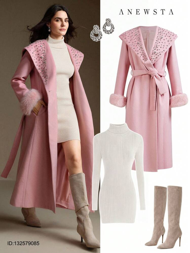 Anewsta Elegant Beaded Detachable Faux Fur Collar Women's Pink Coat, Autumn/Fall/Winter, New Arri... | SHEIN