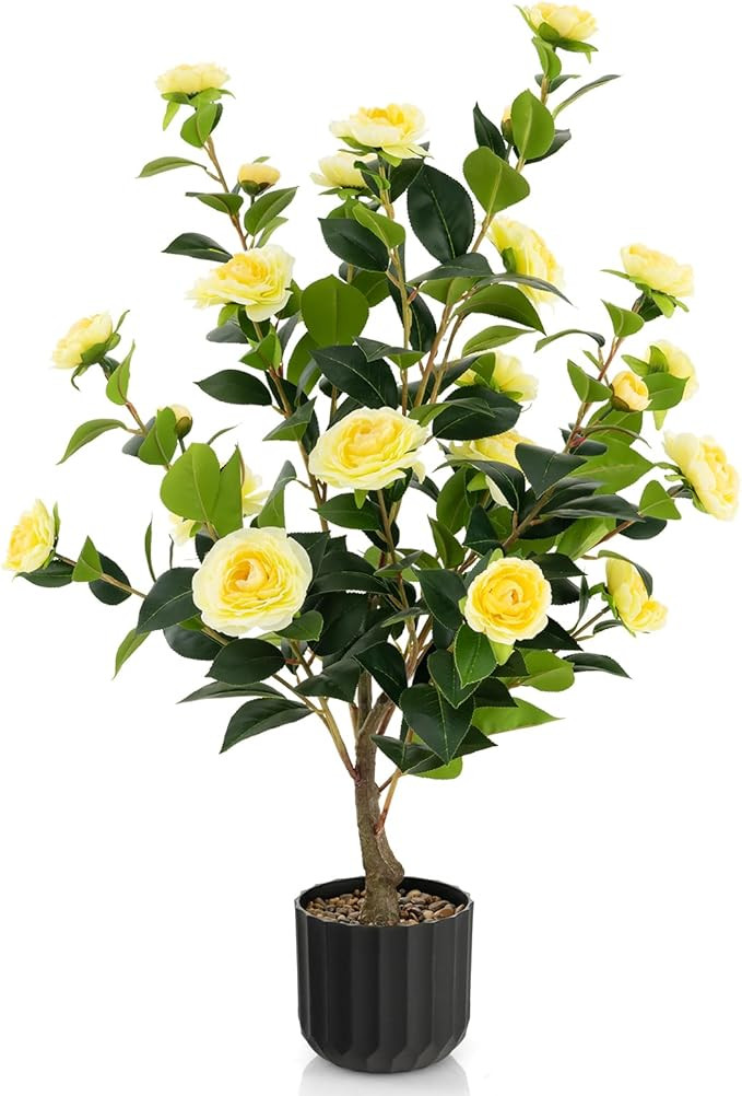Goplus 38’’ Artificial Camellia Tree, Flower Plants Artificial Tree, Faux Floral Plant Bloomi... | Amazon (US)