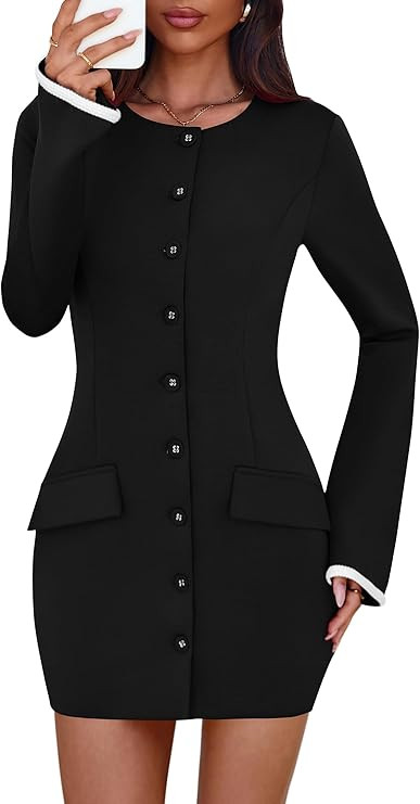 Lazysmile Women's Casual Dresses Long Sleeve Boat Neck Button Down Bodycon Mini Fall Party Club C... | Amazon (US)