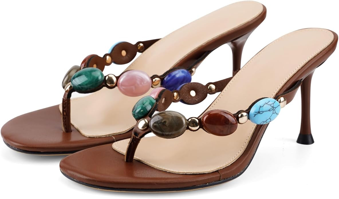 Flip Flop Heels for Women Thong Heels Round Open Toe Jeweled Sandals Summer Heeled Mules Fashion ... | Amazon (US)