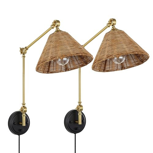 WINGBO Wall Sconce Rattan Wrapped Wall Lamp, Adjustable Swing Arm Wall Light Foldable Gold Light Fixture Vintage Bedside Light Wicker Handmade Shade Reading Light Plug in or Hardwire Gold/Black | Amazon (US)