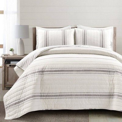 2pc Twin/Twin Extra Long Farmhouse Striped Reversible Quilt Bedding Set Gray - Lush Décor: Comforter Alternative, Cotton & Microfiber | Target