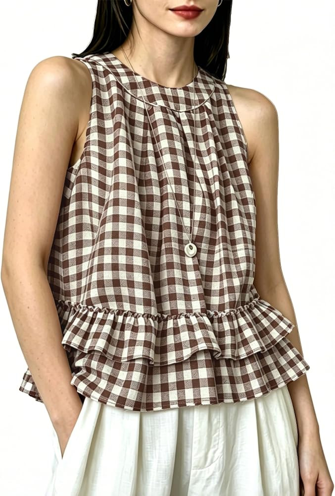 HangNiFang Women's Summer Casual Gingham Sleeveless Peplum Tank Tops Round Neck Double Ruffle Hem... | Amazon (US)