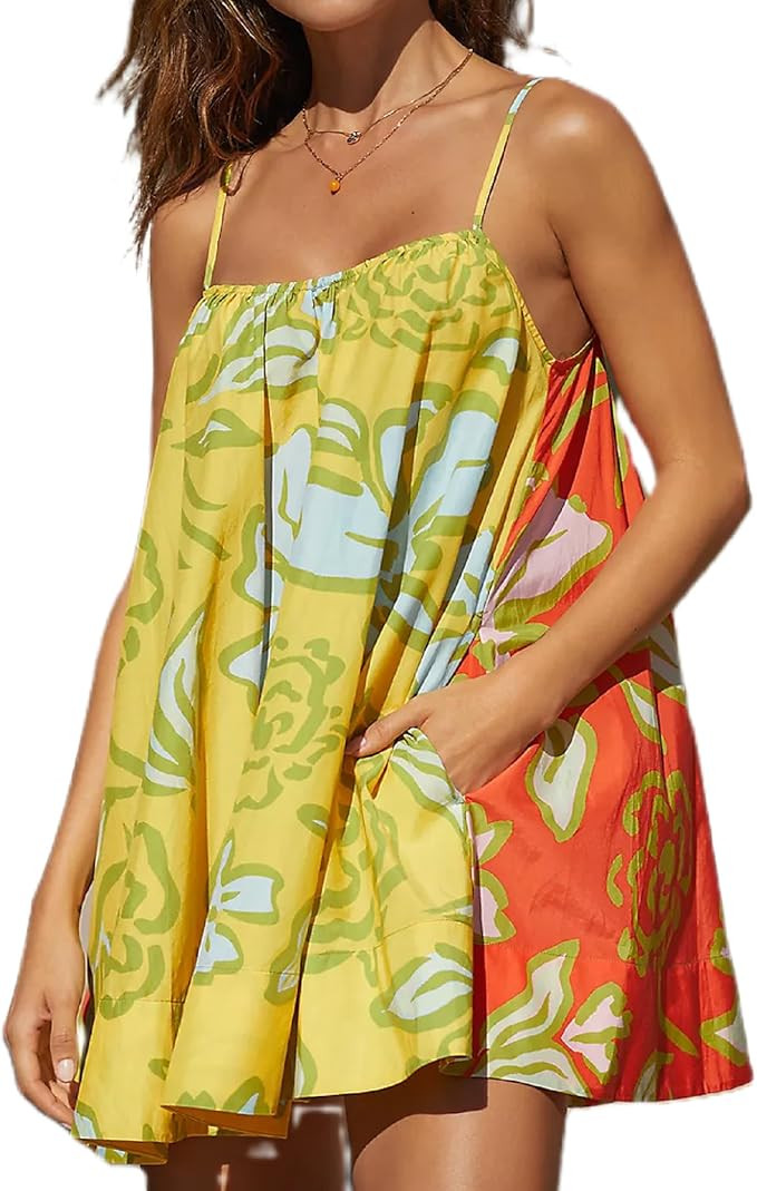 Women Boho Graffiti Cami Mini Dress Spaghetti Strap Printed A Line Short Dress Cute Colorful Sund... | Amazon (US)