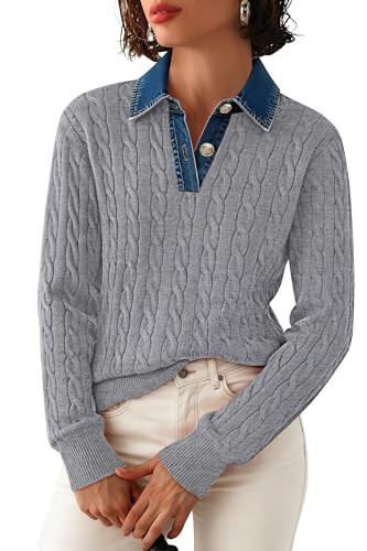 SAUKOLE Sweaters for Women Denim Lapel V Neck Buttons Closure Casual Long Sleeve Cable Knit Loose... | Amazon (US)
