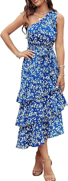 PRETTYGARDEN Women's Summer Floral Sundress Casual One Shoulder Tiered Ruffle Flowy Midi Beach Bo... | Amazon (US)
