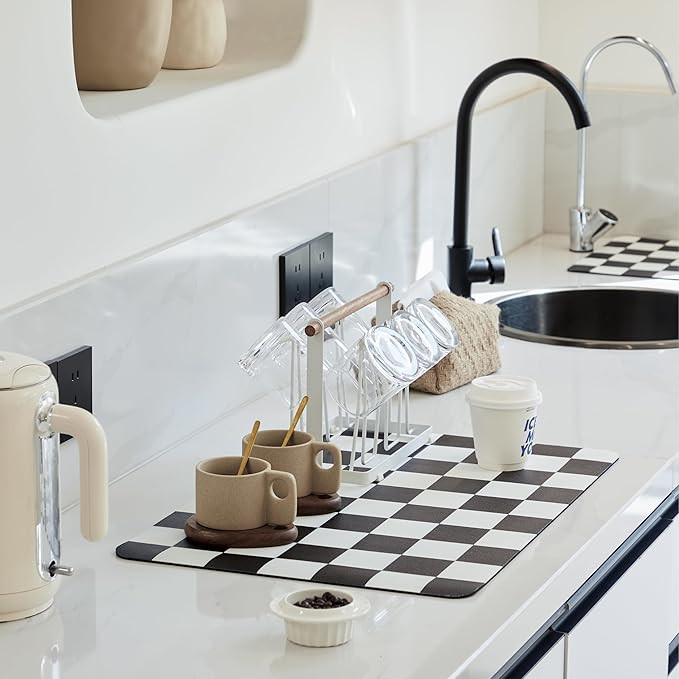 Checkered Dish Drying Mat for Kitchen Counter, Coffee Bar, Coffee Station Accessories, Retro Cute... | Amazon (US)