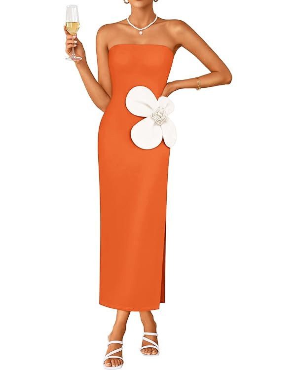 Amazon.com: ZESICA Women's Summer Strapless Bodycon Maxi Dress 2026 Ribbed Knit Backless Floral T... | Amazon (US)