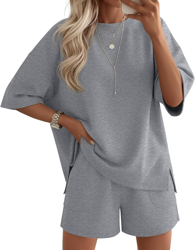 Women's 2 Piece Summer Sets Oversized Short Sleeve Shirts and Elastic Waist Shorts Casual Workout... | Amazon (US)