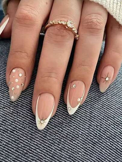 10 pezzi di adesivi per unghie a forma di mandorla con decorazioni a stella, perle finte e strass... | SHEIN