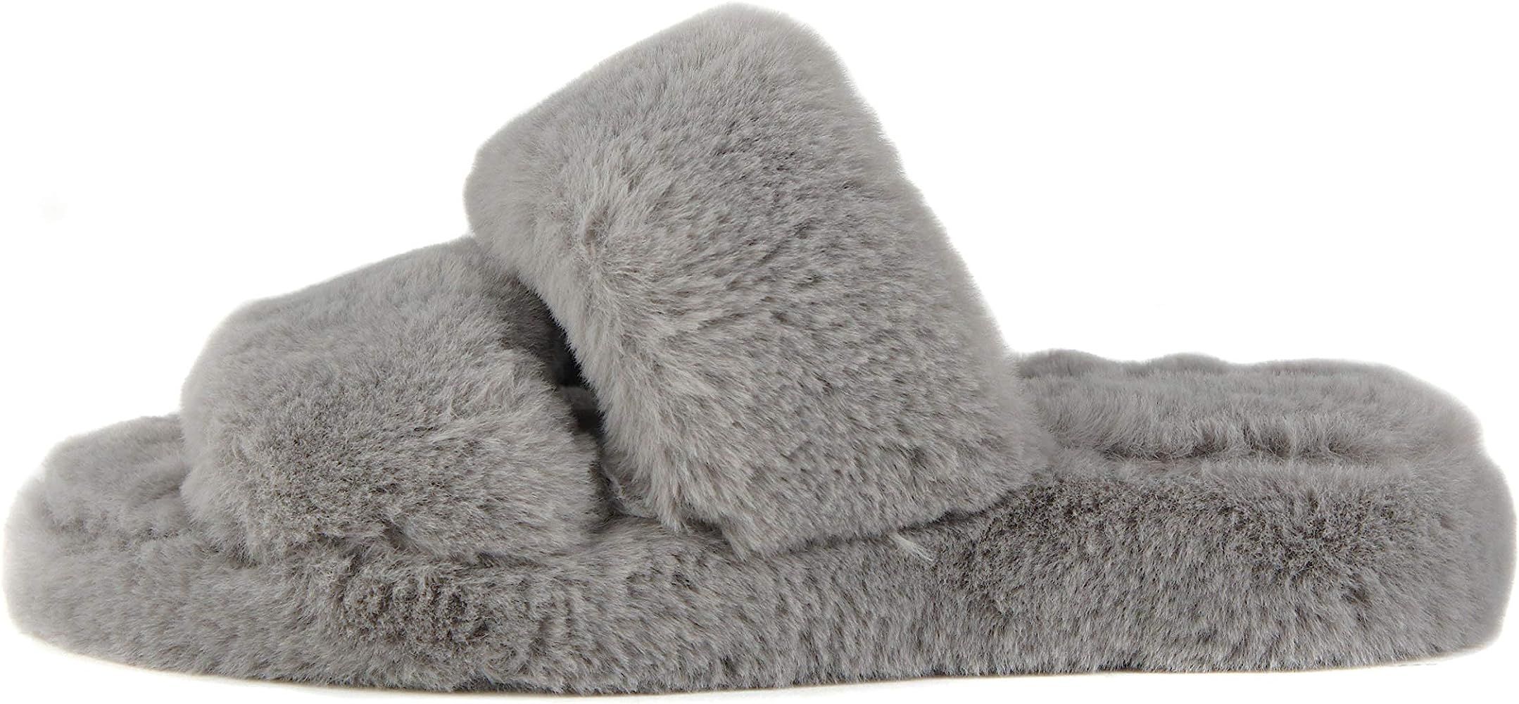 Amazon.com | Soda Corset ~ Women Super Soft Faux Fur Fuzzy Fluffy 2 Band Strap Open Toe Slide Sli... | Amazon (US)