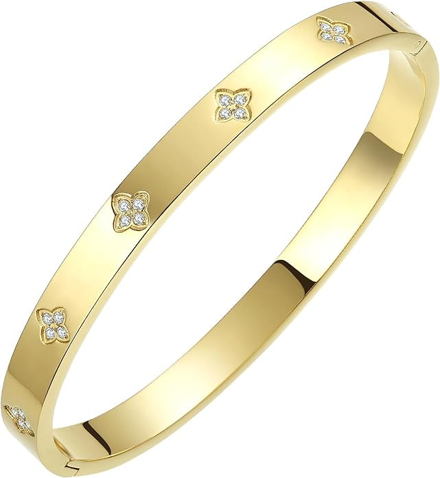 Gold Plated Bangle Bracelets for Women Four Leaf Clover Lucky Love Cubic Zirconia Bracelet | Amazon (US)