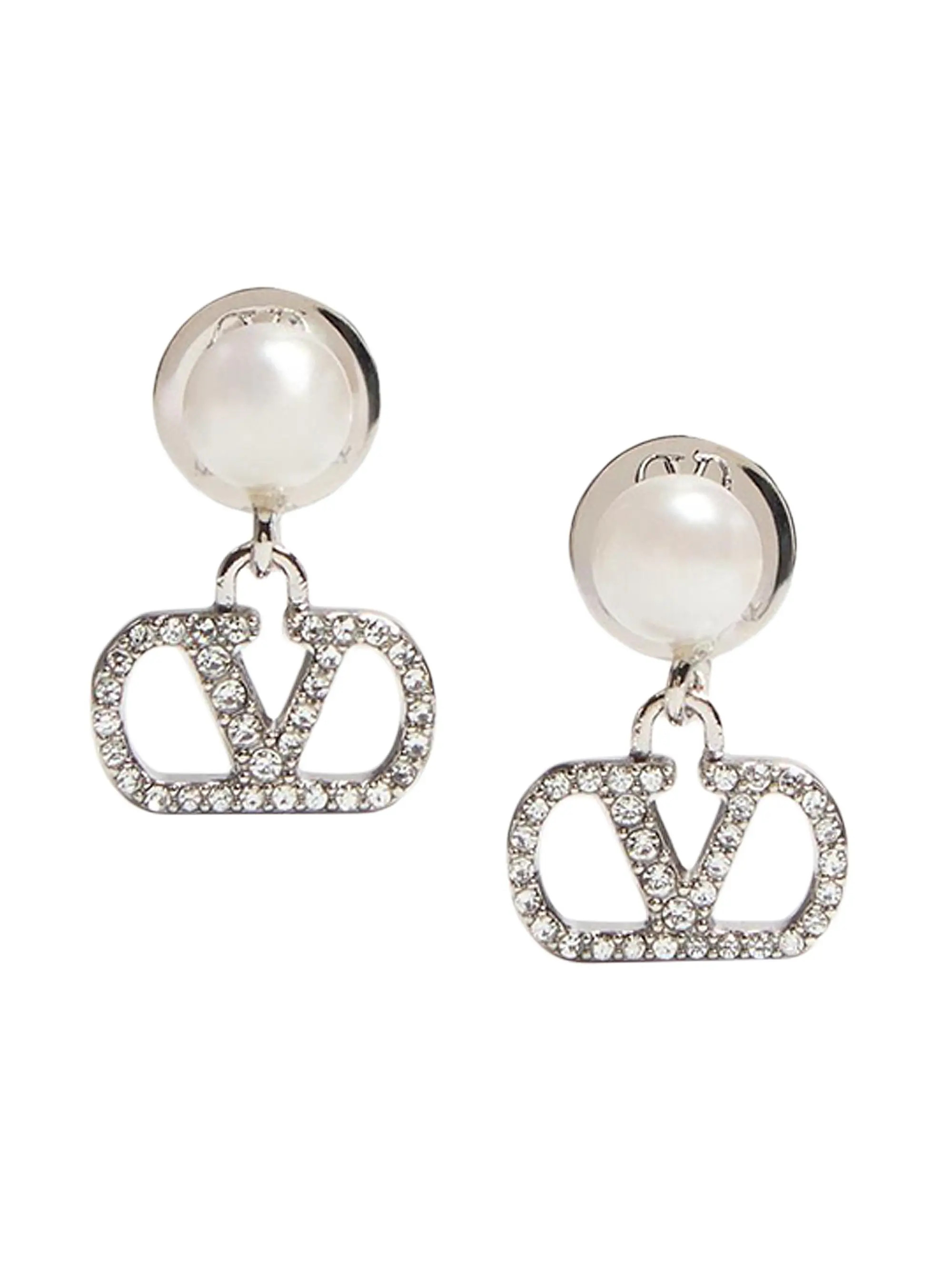 Valentino Garavani VLogo Signature Earrings in Metal, Pearl and Swarovski Crystals | Saks Fifth A... | Saks Fifth Avenue