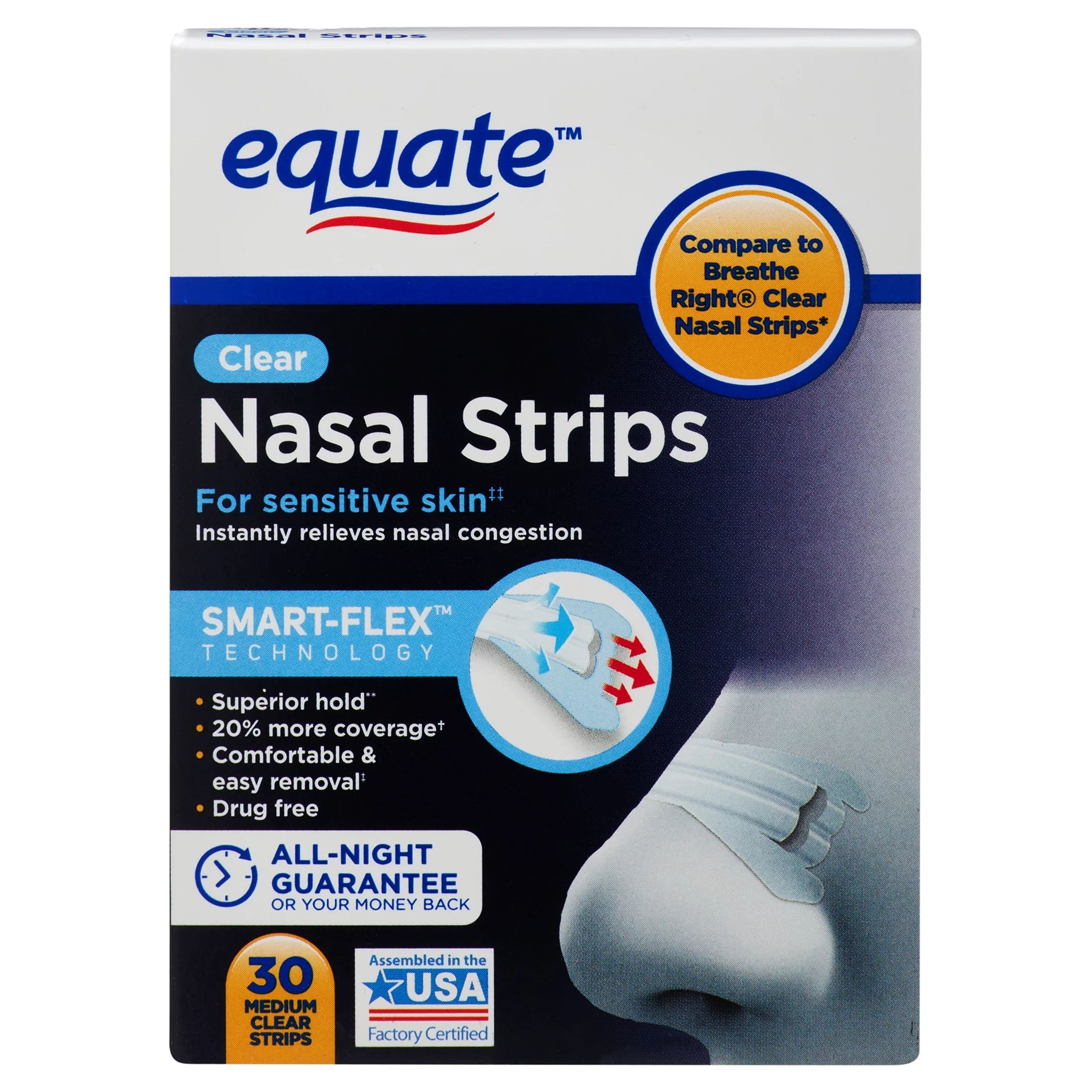 Equate Nasal Strips for Sensitive Skin, Clear, 30 Count | Walmart (US)