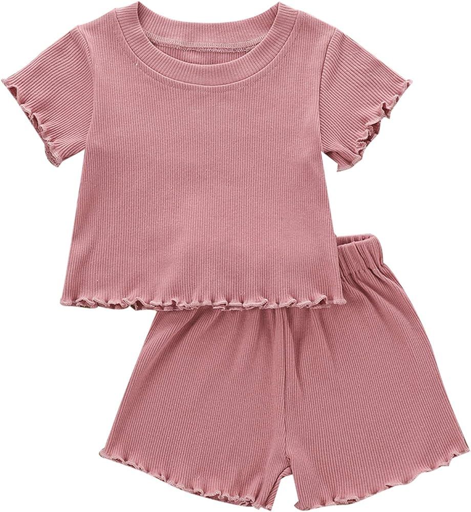 2Pcs Toddlers Baby Girls Summer Clothes Set Ruffle Ribbed Knit Short Sleeves T-Shirt Tops Shorts Cot | Amazon (US)