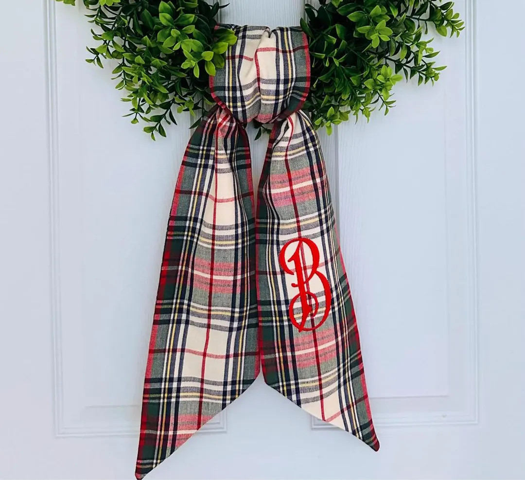Christmas Stewart plaid monogram wreath sash for front door, personalized embroidered Tartan wrea... | Etsy (US)