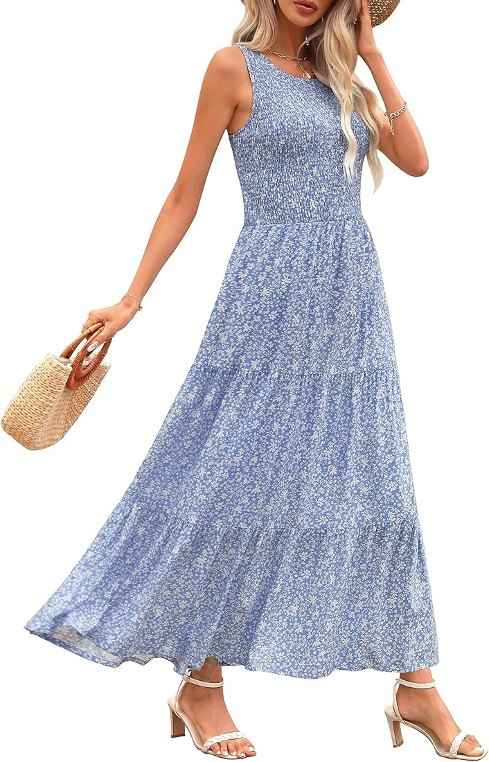 Zattcas Womens 2024 Spring Summer Casual Beach Smocked Sleeveless Tank Long Sundress Flowy Boho F... | Amazon (US)