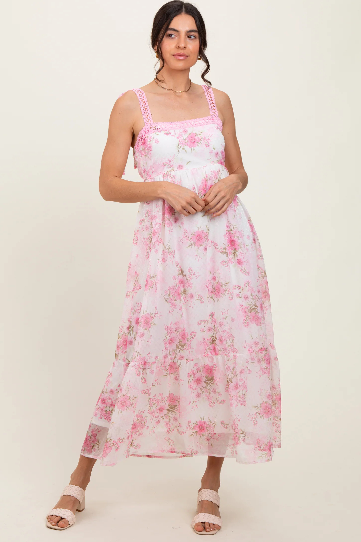 Pink Floral Chiffon Overlay Lace Shoulder Tie Midi Dress | PinkBlush Maternity
