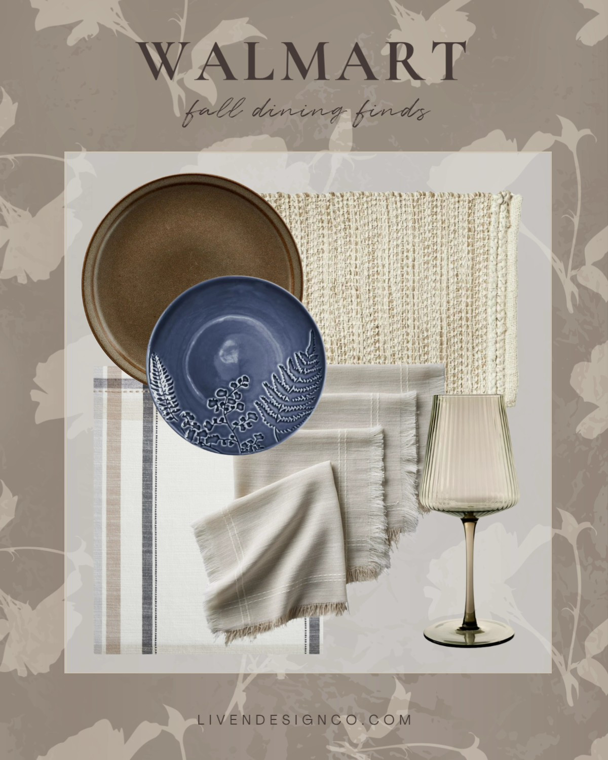 Walmart fall dining. Thanksgiving tablescape. Table setting. Brown plates. Tinted wine glasses. Dinnerware. Plaid table runner. Fringe napkins. Woven placemats. Neutral table setting. 

#LTKSeasonal #LTKHome #LTKStyleTip