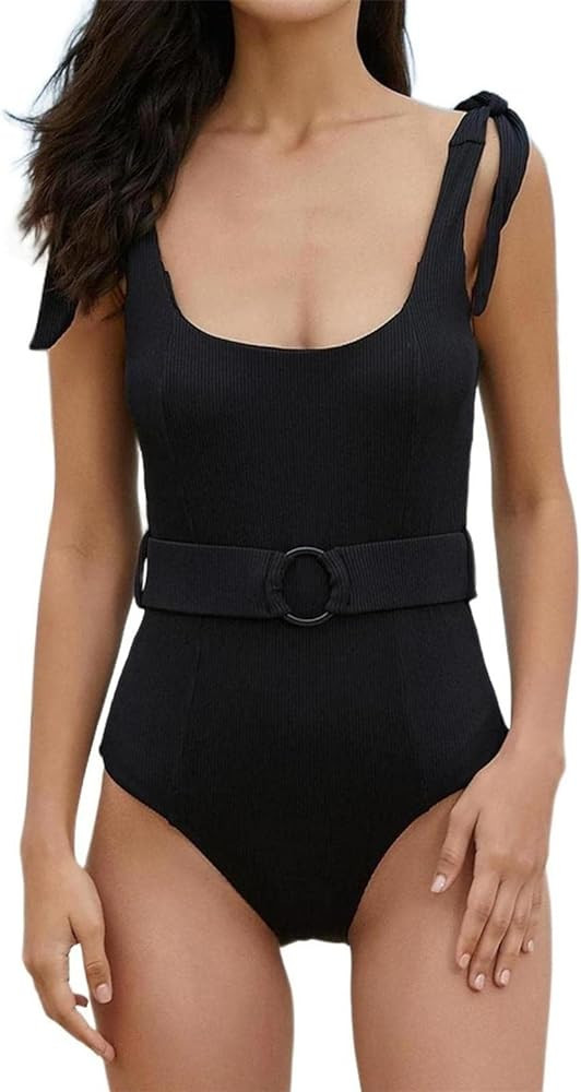 Women's One Piece Swimsuits Belt Tummy Control Bathing Suits Tie Shoulder Swimwear | Amazon (US)