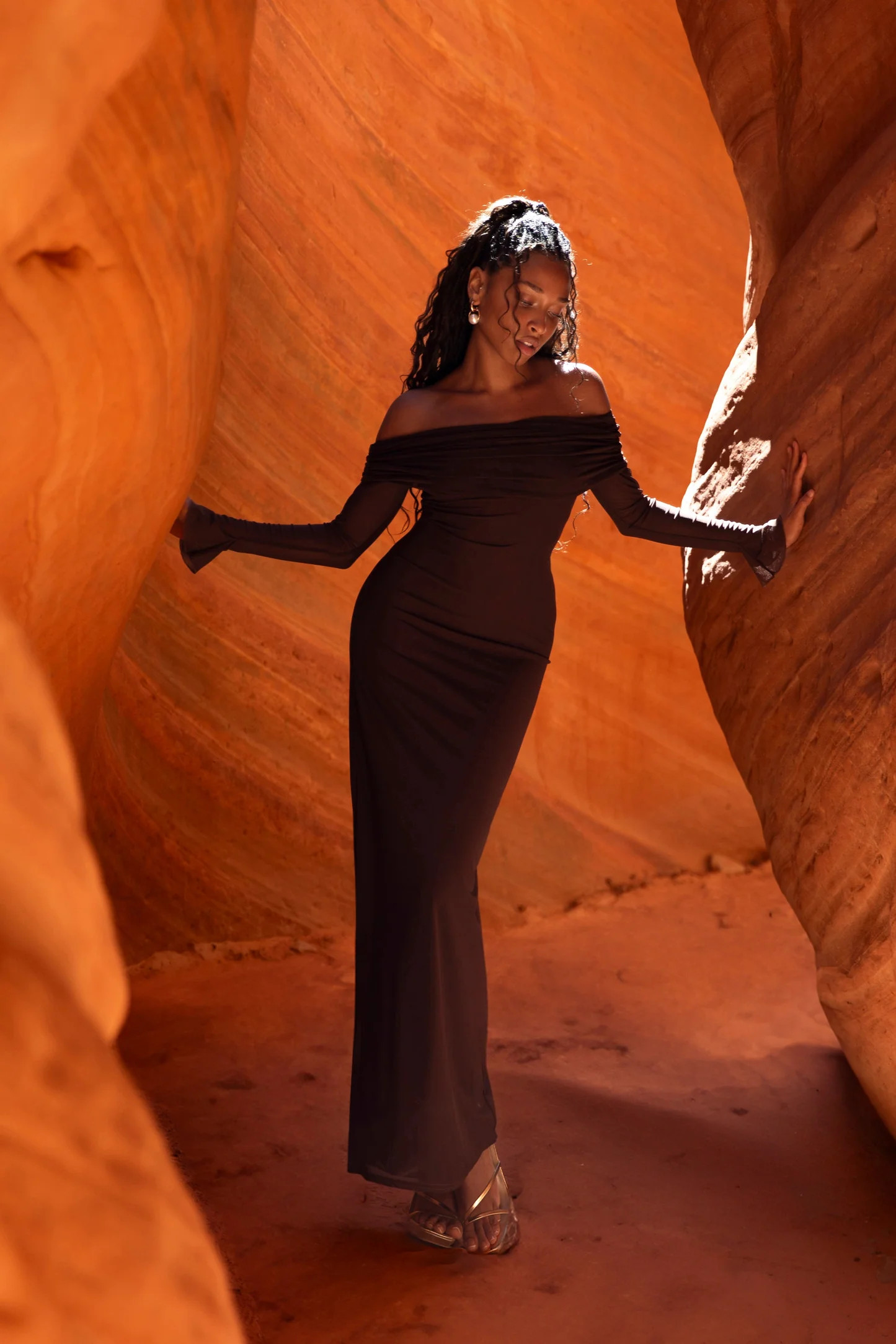 Josie Off Shoulder Mesh Maxi Dress - Dark Brown | MESHKI US