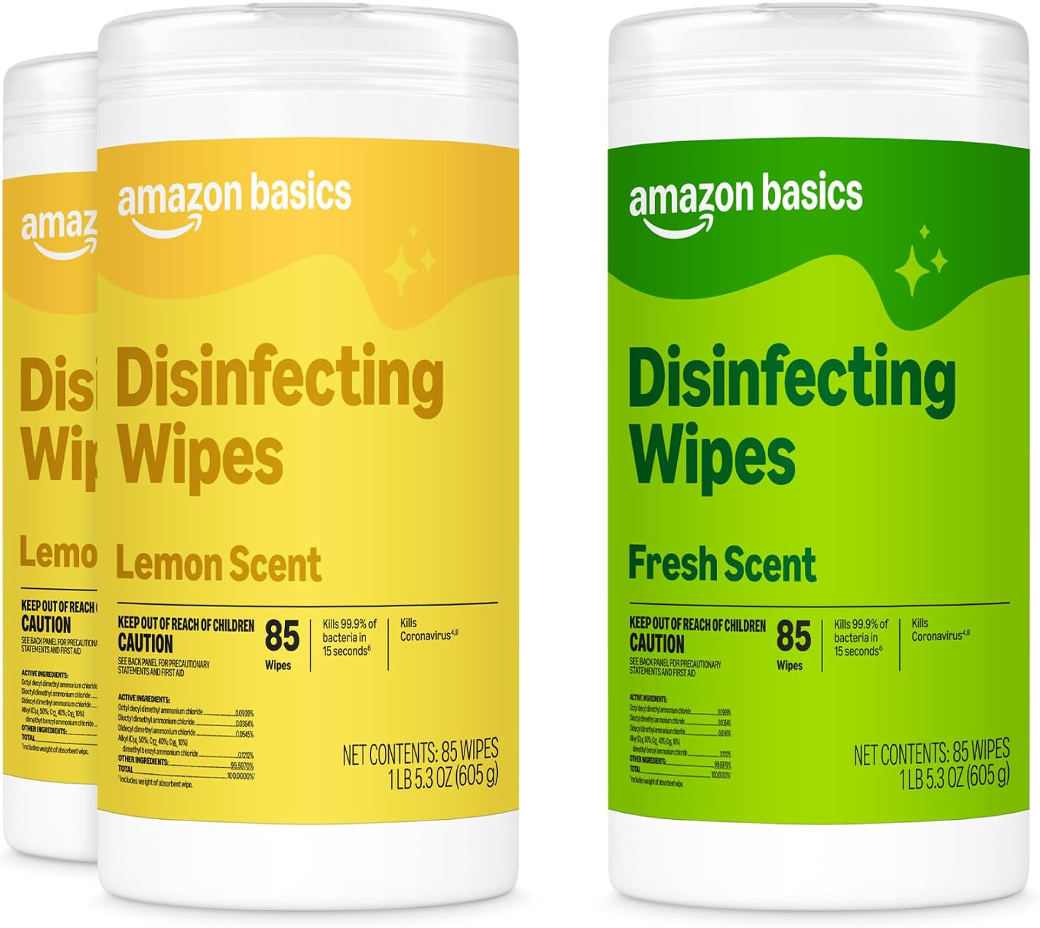 Amazon Basics Disinfecting Wipes, Lemon & Fresh Scent, Sanitizes, Cleans, Disinfects & Deodorizes, 255 Count (3 Packs of 85), Packaging May Vary | Amazon (US)