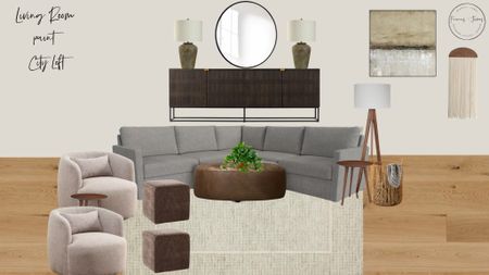 Living Room, Neutral Living Room, Small Sectional, Leather Ottoman, Moody Living Room, Wooden Console, Large Lamps, Concrete Lamp