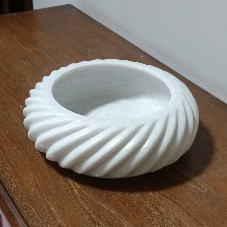 9 Inch White Marble Ribbed Decorative Wave Ruffle Fruit Bowl for Home and Office, Gift for Someon... | Etsy (US)