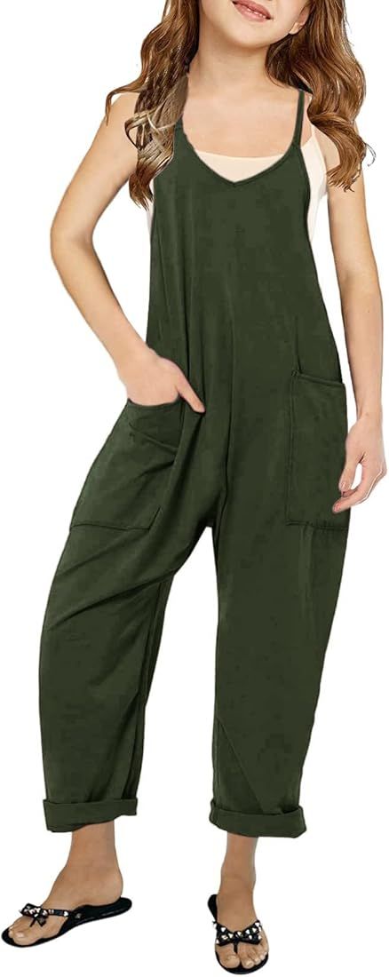CharmWM Girls Casual Jumpsuits Spaghetti Strap Sleeveless Loose Romper Long Pants with Pockets Ki... | Amazon (US)