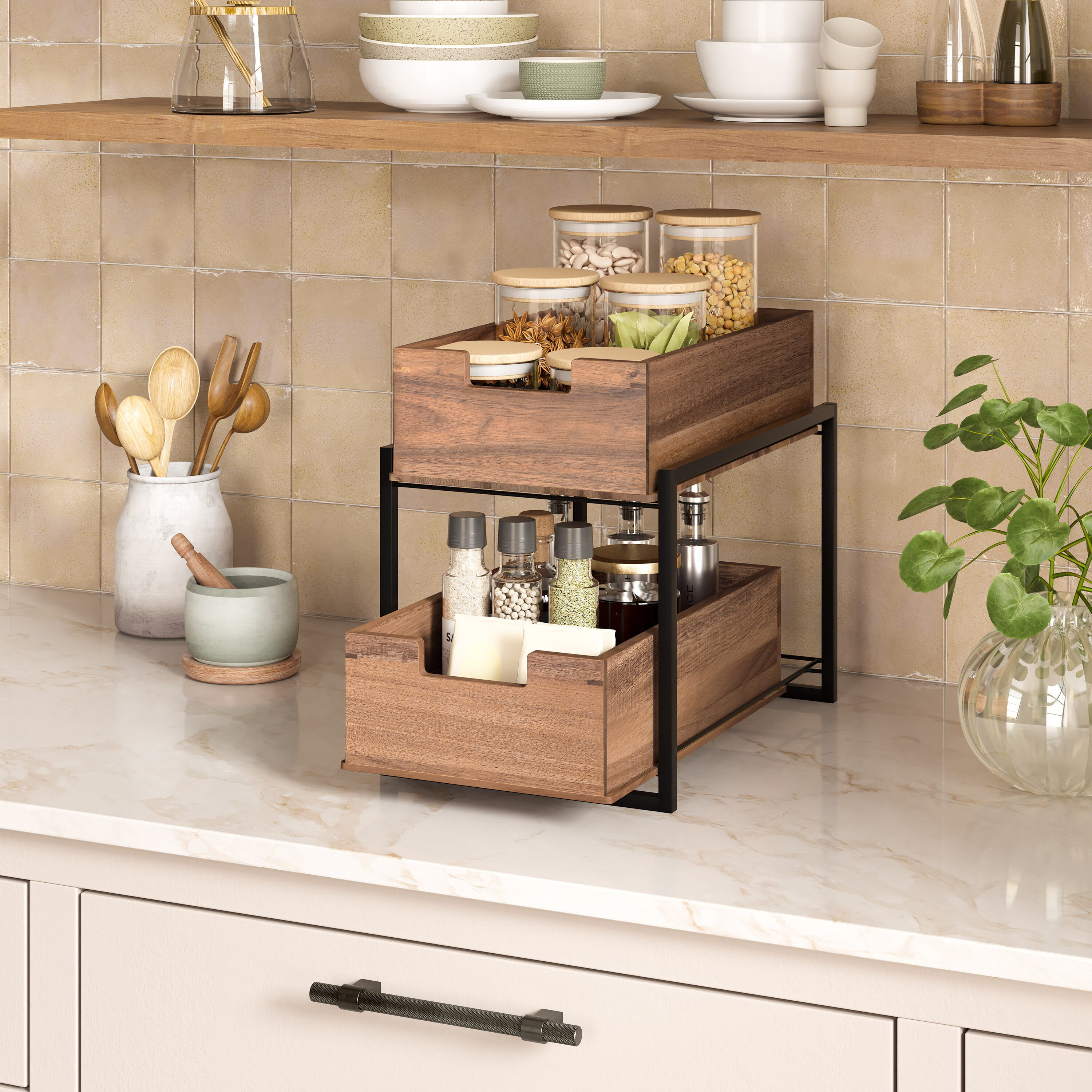 Seville Classics 9-in W x 12.5-in H x 14-in D 2 -Tier Freestanding Acacia Wood Pull-out Sliding basket kit one_size in Brown | BMB17145B | Lowe's