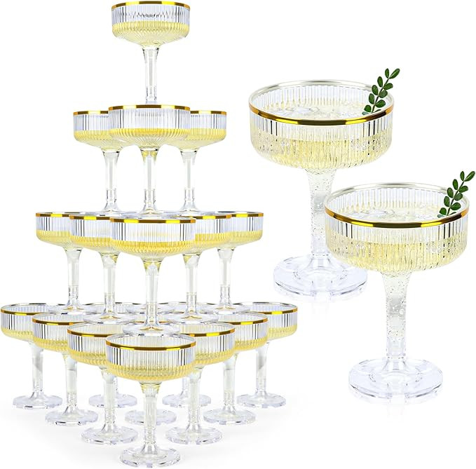 30 Pack Clear Champagne Tower 5 Oz Champagne Flutes Plastic Champagne Coupe Glasses With Gold Rim... | Amazon (US)