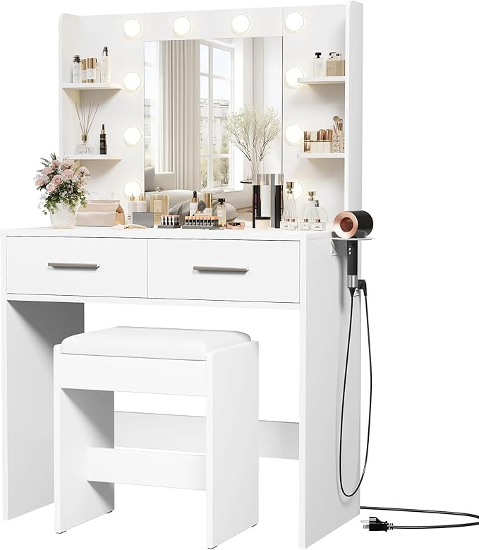 Furmax Make up Vanity Desk with Mirror and Power Outlet, Vanity with 3 Color Light Options Adjust... | Amazon (US)